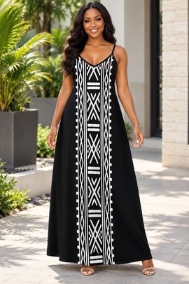 Robe longue élégante à col en V et poches, à motifs géométriques tribaux africains pour femme | Robe longue africaine