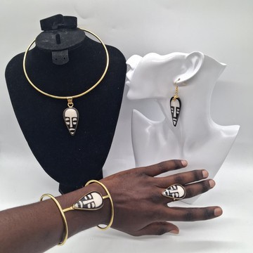 Handmade Brass Mask Jewelry Set, Choker Earrings Cuff &amp; Ring, Maasai African Statement Jewelry