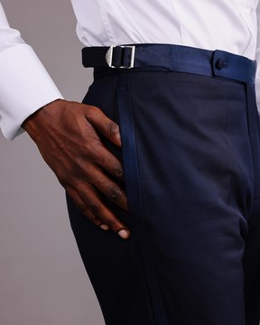 A Straight Cut, navy blue, side metal adjuster &amp; silk taping tuxedo pant