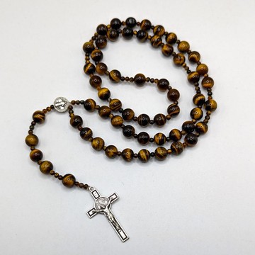 Chapelet 📿 Catholique avec croix Saint Benoît en Œil de tigre/ en pierre naturelle/Madagascar
