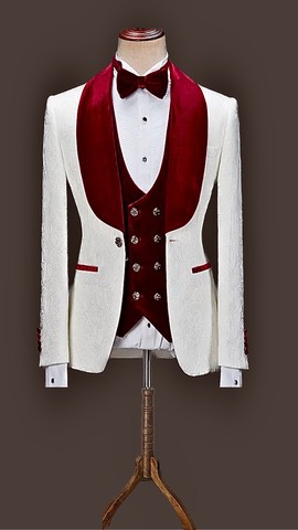 White jacquard tuxedo suit.              Best seller