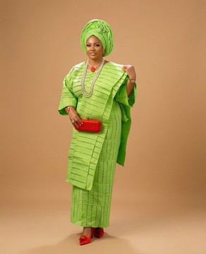 Women Nigerian Traditional Lime Green Aso Oke Iro and Buba and Auto Gele
