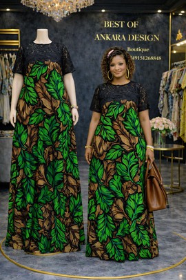 Elegant Ankara Maxi Dress with Lace Top &amp; Leaf Print