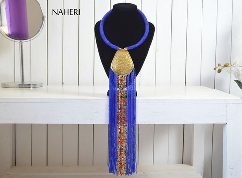 African beads blue necklace | African Jewelry | Tribal fringe neck piece | Gift for her