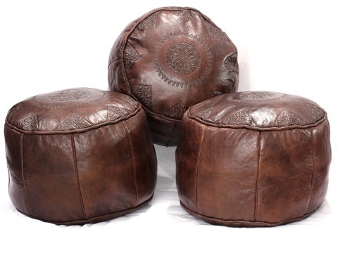 Set of three poufs in real Brown Natural leather
