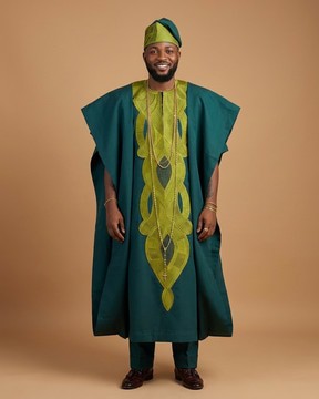 Ensemble Agbada trois pièces brodé vert forêt et vert citron pour homme