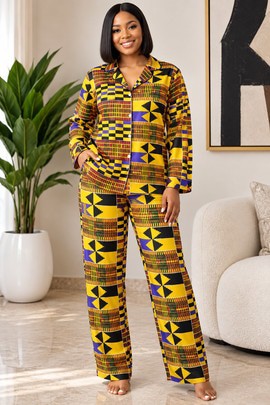 African Heritage Kente Women's Satin Pajama Set | Kente Sleepwear | Bynelo