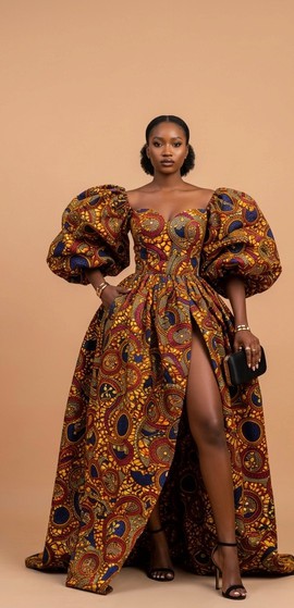 Luxury Ankara Ball Gown Puff Sleeve African Print Maxi Dress with High Slit Elegant Party &amp; Wedding