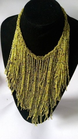 African choker necklace, Beaded fringe necklace, Gold and black necklace