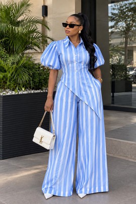 Women's Blue &amp; White Striped Puff Sleeve Top &amp; Wide-Leg Trousers Set – Asymmetric Two-Piece Outfit