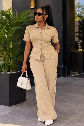 Women's Khaki Button-Front Peplum Top &amp; Wide-Leg Trousers Set – Side Button Two-Piece Outfit