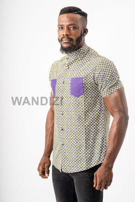 Purple mix Ankara Shirt with Patch Pockets, African Men Clothing, African Mens Wear, Ankara Shirt