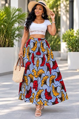 AFRICAN ANKARA WEDDING FLOWER PRINT Women's Maxi Chiffon Skirts With Lining