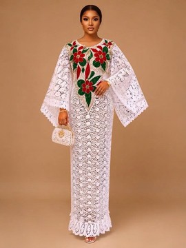 Women Nigerian White Cord Lace Gown with Floral Appliqué