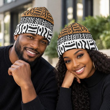 Kuba Print Cuffed Beanie Knitted Hat | African-Inspired Accessory | Bynelo