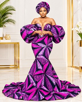 Robe de sirène de luxe en Ankara violet, robe de mariée en Ankara, mode africaine du Nigeria