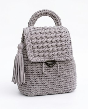 Grey Crochet Mini Backpack – Handwoven Knit Purse with Tassel Charm