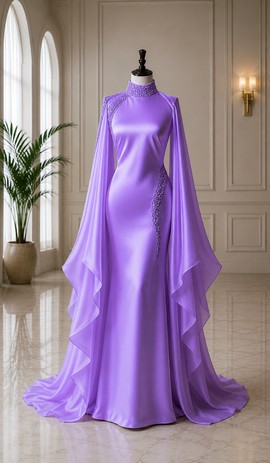 Lavender Purple Satin Evening Gown – High Neck Long Sleeve Beaded Mermaid Dress with Cape Sleeves
