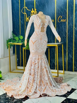 Floor length white sequin lace trumpet prom dress, homecoming dress, wedding dress