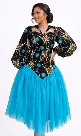 Ankara &amp; Tulle Midi Dress  Puff Sleeve African Print Dress with Flare Skirt