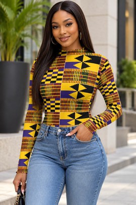 African Heritage Kente Women's Mesh Long Sleeve T-Shirt | Kente Fashion | Bynelo