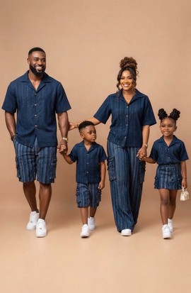 Ensemble deux pièces unisexe bleu marine à imprimé africain | Chemise assortie et short cargo pour toute la famille