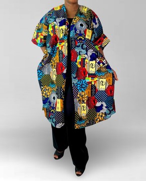Mixed Print Multicolor African Print Ankara Oversized Midi Beaded Open Back Cardigan