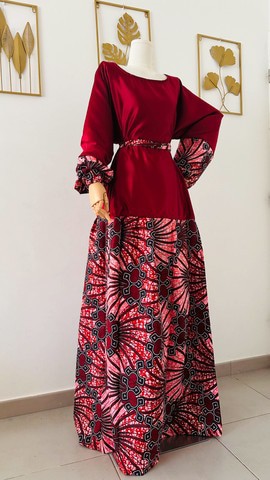 Robe longue en Wax et satin - Bordeaux