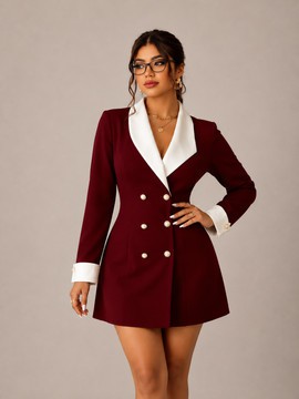 Robe blazer bordeaux pour femme avec col contrastant blanc – robe smoking à boutons dorés