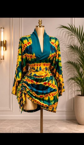 Women's Teal and Yellow Tribal Print Wrap Front Mini Dress with Batwing Sleeves