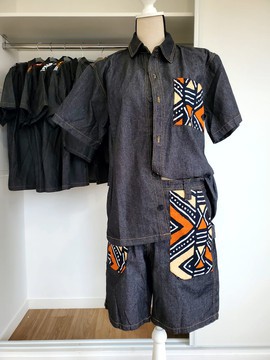"ENSEMBLE MIXTE SHORT CHEMISETTE JEANS NOIR CUSTOMISES WAX BOGOLAN"