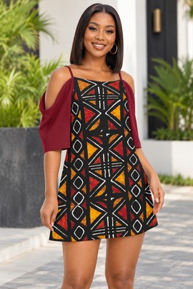 Robe caraco bogolan en tissu traditionnel pour femme, épaules dénudées | Mode africaine | Bynelo