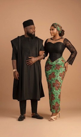 African Couple Outfit Set – Black Kaftan for Men &amp; Sequin Lace Mermaid Dress for Women