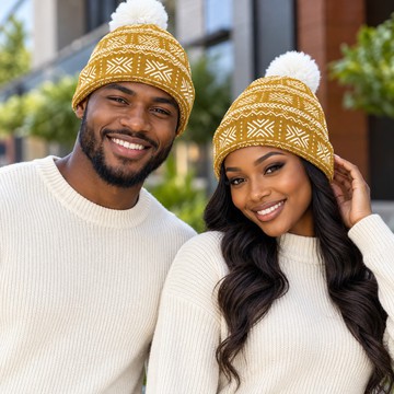 African Ethnic Tribal Gold Print Knitted Hat With Pom-Pom | Tribal Fashion | Bynelo