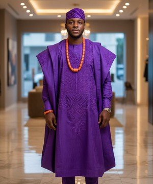 Purple Agbada &amp; Trousers Set With Cap