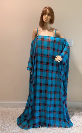 Red and Blue Checkered Print Off Shoulder Maxi Dress