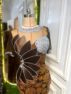 Robe Brown Lacey, robe en dentelle imprimée africaine, longue robe indigène