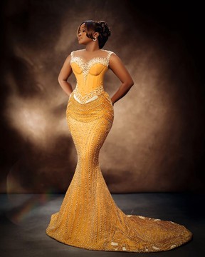 Luxury Gold Mermaid Prom Dress/Bridal Gown/Asoebi/Reception Dress