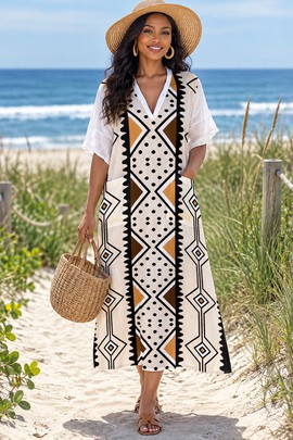 Robe midi ample à col en V pour femme en bogolan tribal | Mode imprimée africaine | Bynelo