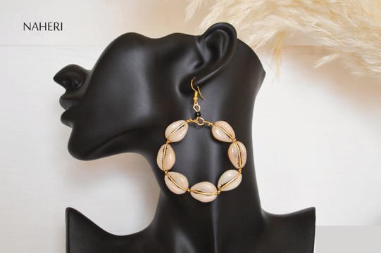 African cowrie shell and brass earrings round