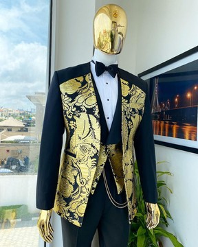 Black and gold floral metallic “Mandarin” lapel-less blazer jacquard suit