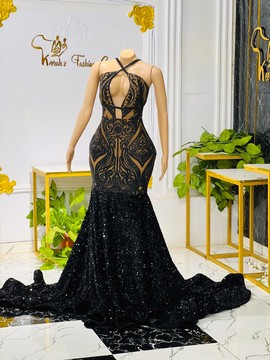 Backless black lace mermaid prom dress, cross neck trumpet evening gowns