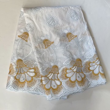 White and Gold Multicolor Embroidered Cotton Lace Brodé Lafaya Fabric - By the Yard