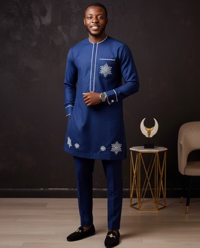 Navy Blue Embroidered Dashiki Suit
