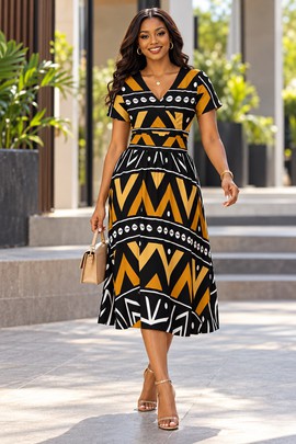 Robe midi à col en V et manches courtes pour femme en imprimé africain | Robe midi en imprimé africain | Bynelo