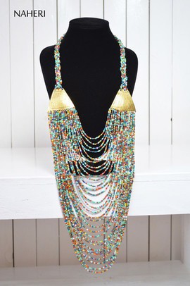 African beaded necklace | Tribal brass jewelry | Multicolored necklace