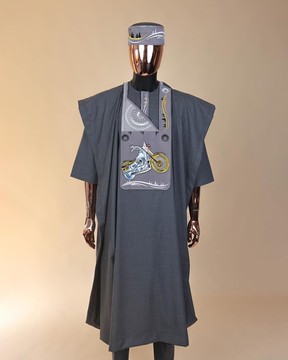 A Grey, bikers element metallic wire embroidery details Agbada, 3/4 sleeve kaftan, hat &amp; sokoto.