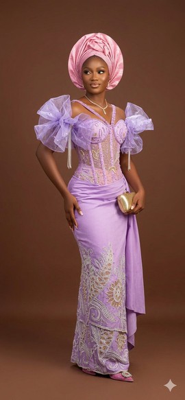 Lilac Illusion Corset Ruffled-Sleeve Aso Ebi Gown