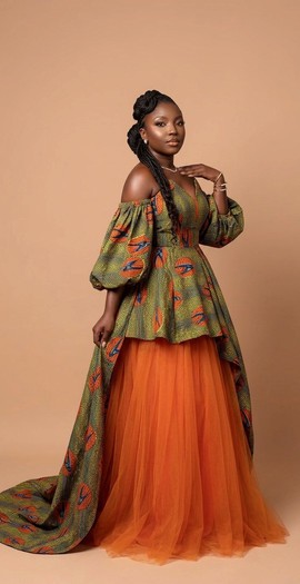 Elegant Ankara &amp; Tulle Off-Shoulder Gown – African Print High-Low Dress with Train