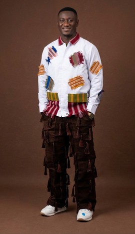 White Shirt with Burgundy Collar &amp; Patchwork Accents + Brown Fringed Cargo Pants